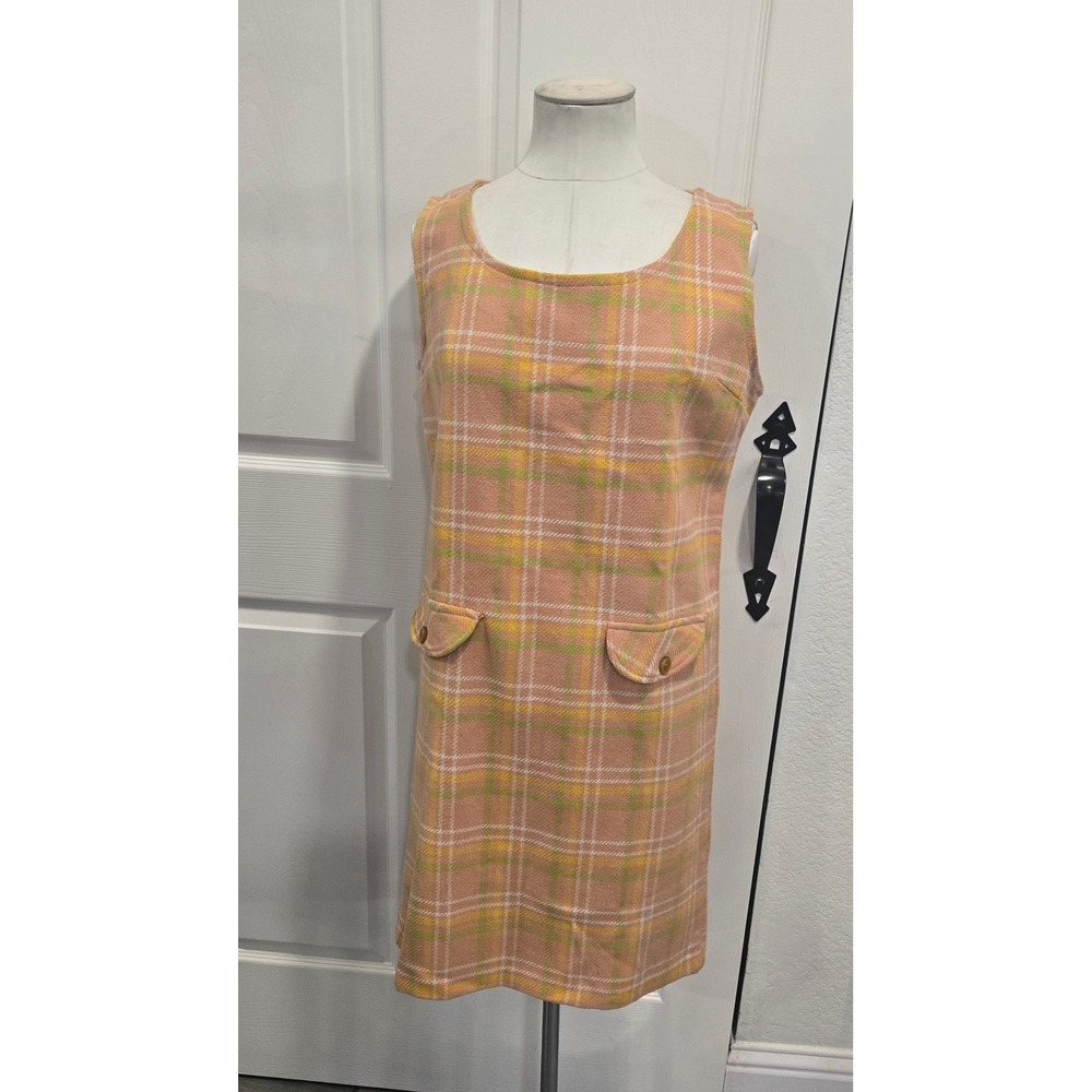 Vintage Plaid Sleeveless Shift Dress Mod Peach Yellow Green Size‎ 14